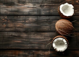 Photo of A coconut on dark wood background, top view with copy space