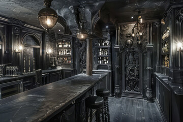 A dark room with a bar and a few chairs. The bar is made of wood and has a black counter. Scene is mysterious and eerie