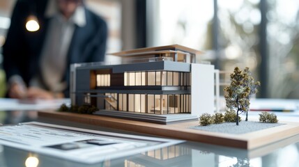 Home Dreams Real Estate Agent Showcasing 3D Model to Excited Buyers with Mortgage Applications in Focus