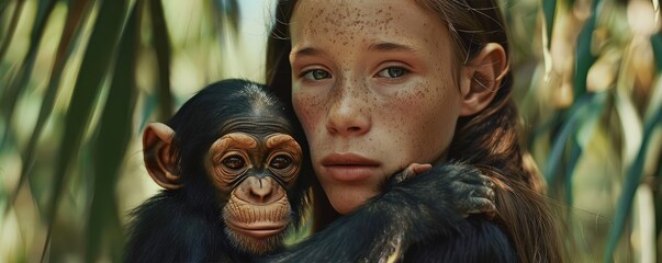 young girl and a chimpanzee amidst natural hug