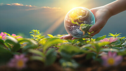 Human hand holding globe with nature background. Day concept. Person environmental protection, global conservation and sustainable development. Vitality planet ecosystem responsibility care - obrazy, fototapety, plakaty