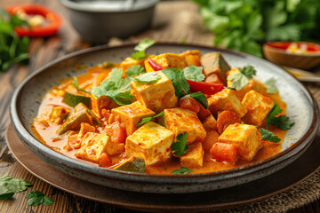 Plating design of savory tofu curry in a bowl