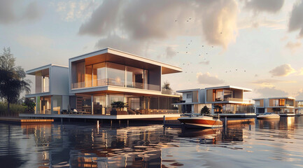 A modern estate of houses on the water