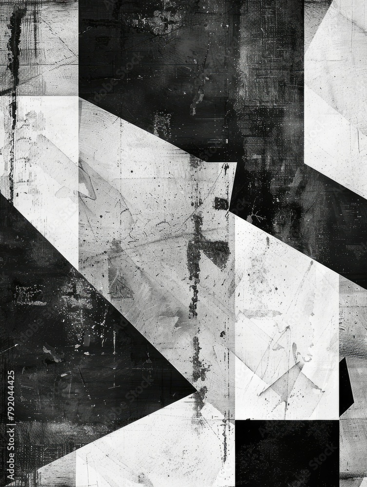Poster contrasting abstract geometric black and white art - sharp geometric shapes intersect, offering a co
