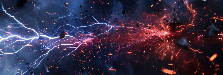 Electric Sparks and Fiery Particles Clash - A dynamic explosion of electric blue sparks and red fiery particles. - obrazy, fototapety, plakaty