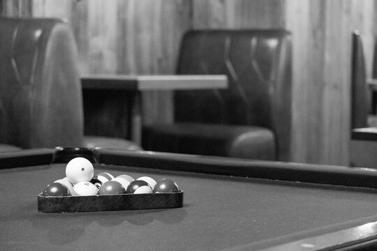 Pool Table Set up To Play Game, Socializing Activity, Hobby, Bar Game