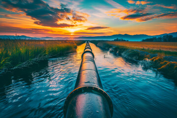A long pipe is in the water with a beautiful sunset in the background. The water is calm and the sky is filled with orange and pink hues - obrazy, fototapety, plakaty