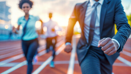 Successful business people running in track and field race. Teamwork concept. Athletic and in sportswear, sprinting victory. Sportive determination, effort and rivalry in success.