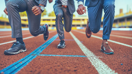 Group business people running track. Teamwork concept. Sprinting success. Competitive corporate race. Fast stup. Leadership and motivation. - obrazy, fototapety, plakaty