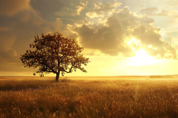 A tree stands in a field of tall grass. The sky is cloudy and the sun is setting