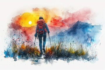 Colorful watercolor painting of a female hiking in forest, adventure - obrazy, fototapety, plakaty