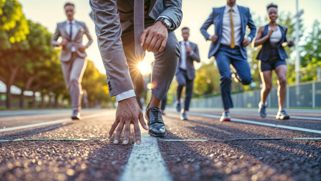 Group of business people running together on a track in the city. Display of teamwork and determination in a corporate race. Active lifestyle meets aspirations in a stadium. - Powered by Adobe