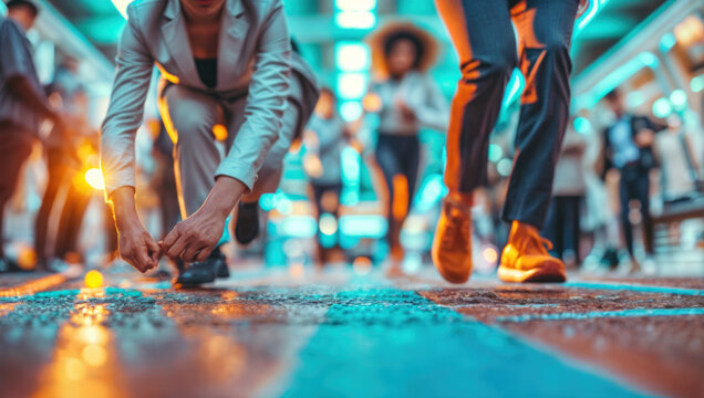 Successful business people running in track and field race. Teamwork concept. Athletic and in sportswear, sprinting victory. Sportive determination, effort and rivalry in success.