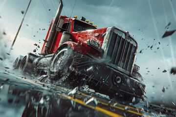 A red semi truck is driving down a wet road with debris flying around it. The scene is intense and action-packed, with the truck seemingly in the middle of a crash. Scene is one of danger