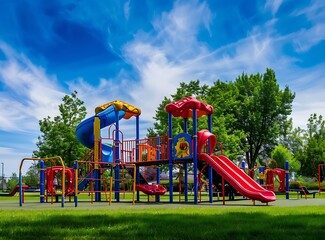 Photo of a colorful playground in the park with green grass and a blue sky background, with no people, taken with a wide angle view