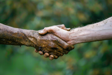 Two hands shaking in the dirt. The dirt is brown and the hands are covered in it. Concept of connection and trust between the two people