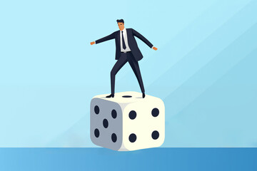 Business graphic vector modern style illustration of a business person on a rolling dice representing a gamble risk or risky situation in the workplace