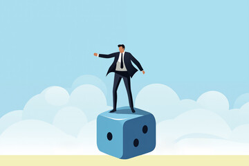 Business graphic vector modern style illustration of a business person on a rolling dice representing a gamble risk or risky situation in the workplace