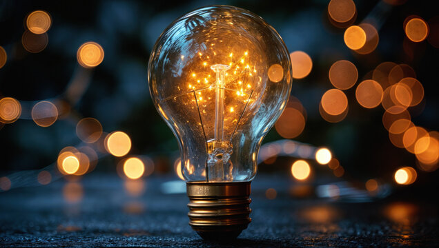 Incandescent light bulb dark background with bokeh. Glowing creativity and innovation, night with bright, electric glow. Vintage object technology, hanging , retro interior, shiny