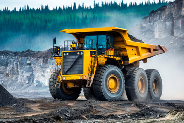 A large yellow dump truck is driving through a dirt field. The truck is surrounded by trees and rocks, and the dirt is piled up in the background. The scene is rugged and wild