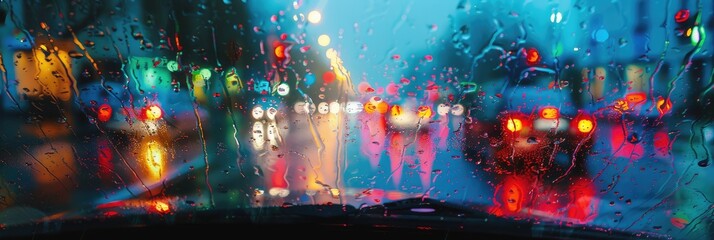 A vivid image capturing the poetic moodiness of a rainy evening in the city, with raindrops adorning the window. - obrazy, fototapety, plakaty