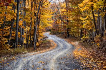 Obraz premium A road with trees on both sides and leaves on the ground. The road is curvy and has a lot of leaves on it