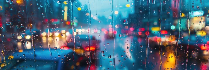 A vivid image capturing the poetic moodiness of a rainy evening in the city, with raindrops adorning the window.