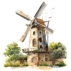 Foto op Plexiglas Windmill surrounded by trees, grass on white background in an art painting © Nadtochiy