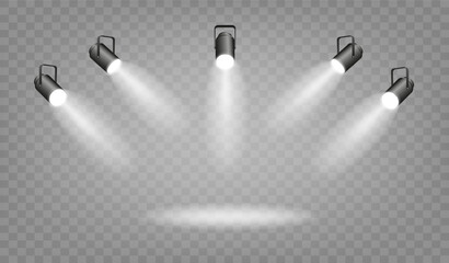 Spotlight lighting. Light source studio lighting walls spotlight. Light beams light effect. Vector