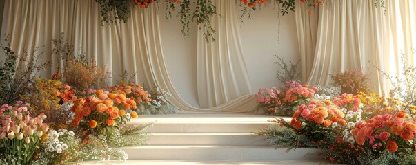 Elegant wedding venue decorated with lush floral arrangements and draped curtains