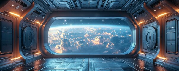 Futuristic space station corridor overlooking a vibrant alien planet