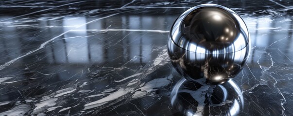 Glossy black marble background with reflective chrome sphere in elegant setting