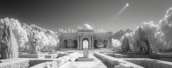 Infrared photography of classic architecture with surreal garden and serene landscape
