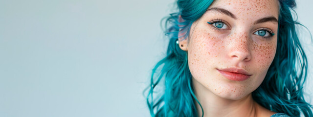 A closeup of a woman's face with azure hair and freckles. Her nose is petite, cheeks rosy, lips full, eyebrows arched, eyelashes long, smiling mouth, defined jawline, and a slender neck.