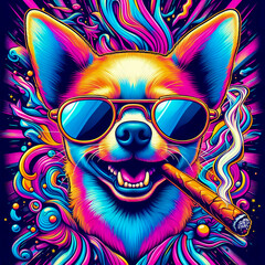Digital art of a psychedelic cool chihuahua with sunglasses smoking a blunt