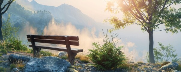 Serene misty mountain landscape with an inviting bench under a tree - Powered by Adobe