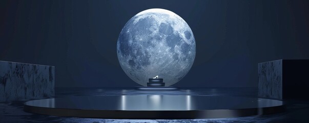 Stunning moonlit night featuring a large moon over a serene reflective platform in a minimalist setting