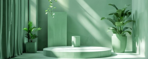 Serene green indoor scene with podium, plants, and soft natural light