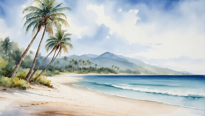 Fototapeta na wymiar Watercolor painting of palm trees on the beach with a serene ocean backdrop, isolated on a white background.