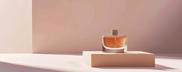 Elegant perfume bottle on a minimalist beige podium under soft lighting