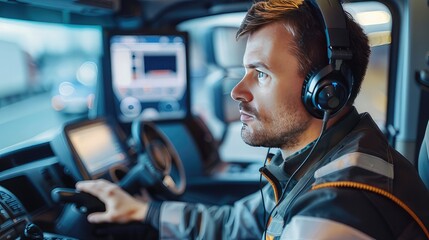 Efficient Fleet Management: Manager Uses Headphones with Built-In Mic to Communicate with Delivery Vehicles from High-Tech Monitoring Room
 - obrazy, fototapety, plakaty