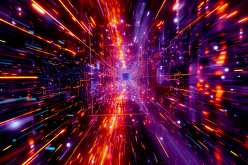 Naklejka premium A bright purple and orange light show with many small lights. The lights are moving and creating a sense of motion