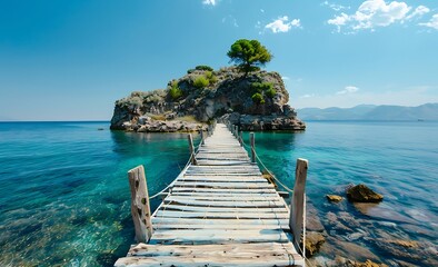 Photo of a wooden bridge leading to an island in the Greek sea, with clear blue water and a sunny...