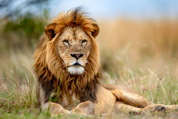 A lion is laying down in the grass. The lion is looking at the camera