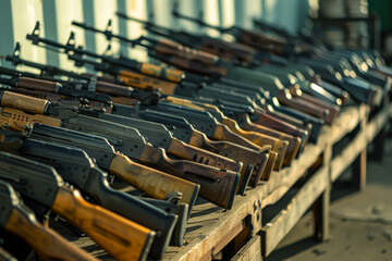 Obraz premium A row of guns are lined up on a table. The guns are of different sizes and colors, and they are all lined up in a neat row. The scene gives off a sense of order and organization