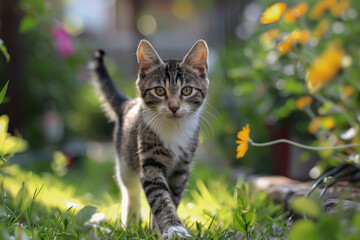 Obraz premium A kitten is walking through a garden with yellow flowers. The kitten is looking up at the camera