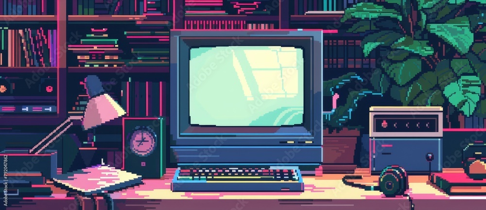 Poster a computer monitor sits on a desk in front of a bookshelf. the bookshelf is full of books, and a pot