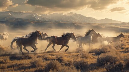A herd of wild horses galloping across an expansive prairie, their powerful muscles rippling beneath sleek coats as they kick up dust and exude the spirit of untamed freedom.