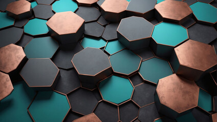 Vibrant hexagon composition in teal, copper, and charcoal for a striking presentation.