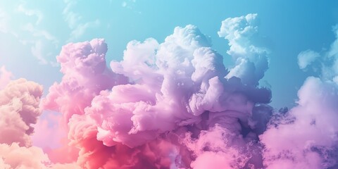 A colorful cloud with pink, purple, and blue hues. The sky is blue and the clouds are fluffy